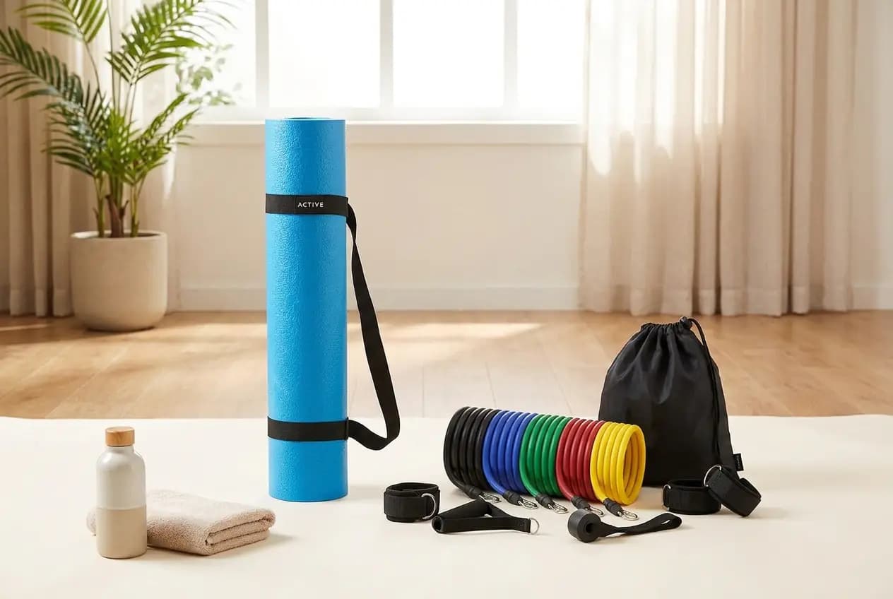 מזרן ספורט ויוגה איכותי - 4 מ"מ ACTIVE וערכת 11 חלקים - רצועות התנגדות לאימון לכל חלקי הגוף — על רקע סטודיו בהיר ונקי
