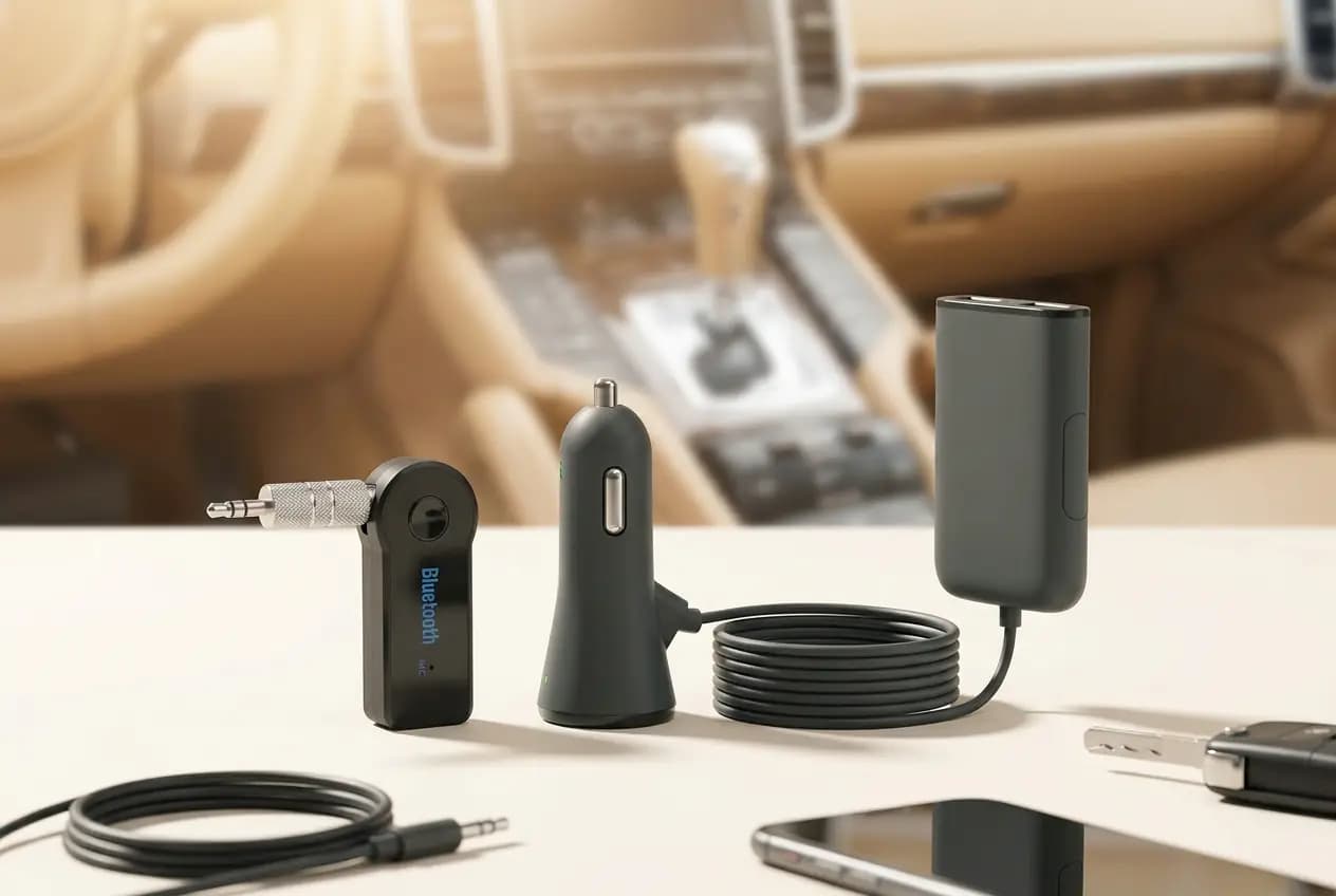 משדר בלוטוס לרכב בחיבור AUX ומטען USB לרכב 4 יציאות – טעינה לכל המושבים ברכב — על רקע סטודיו בהיר ונקי