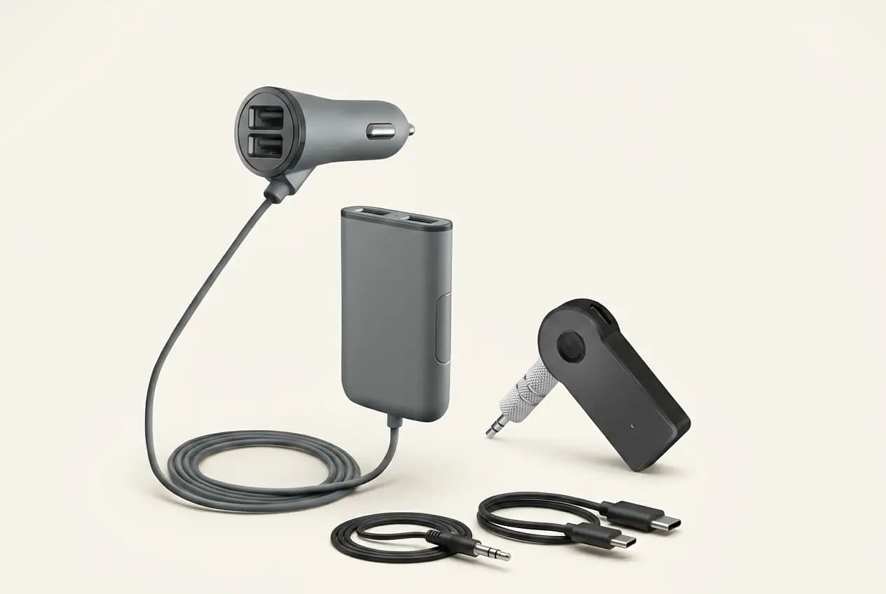 משדר בלוטוס לרכב בחיבור AUX ומטען USB לרכב 4 יציאות – טעינה לכל המושבים ברכב — על רקע סטודיו בהיר ונקי