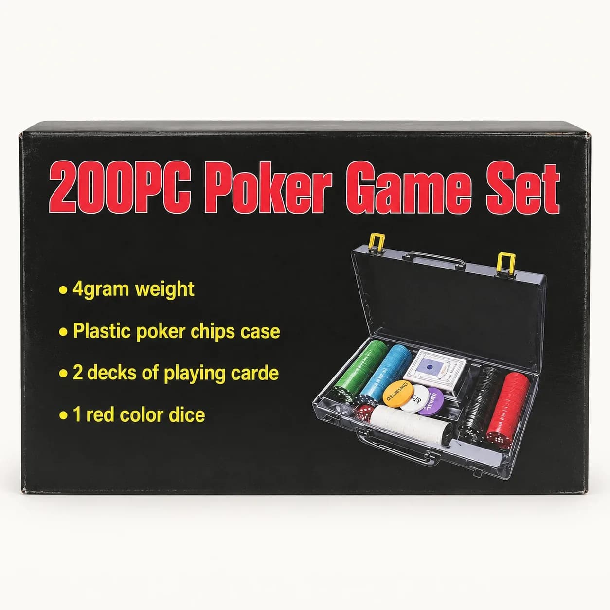 אריזת הערכה: 200PC Poker Game Set — ז'יטונים במשקל 4 גרם, מזוודת פלסטיק, 2 חפיסות קלפים וקוביה אדומה