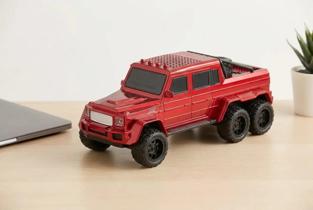 הרמקול בצורת טנדר 6x6 אדום מונח על שולחן עבודה מעץ בהיר, לצד מחשב נייד סגור